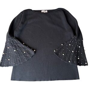 Marina V Black Bell Sleeve Top Studded Pleated Knit Boat Neck Whimsigoth Medium